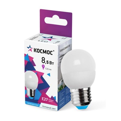Лампа светодиодная 8.5Вт шар 6500К холод. бел. E27 220В КОСМОС LkecLED8.5wGL45E2765 Лампа светодиодная 8.5Вт шар 6500К холод. бел. E27 220В КОСМОС LkecLED8.5wGL45E2765