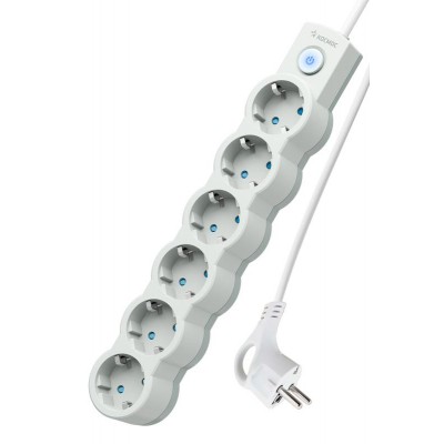 Удлинитель 6х1.5м с заземл. IP20 с выкл. 10А 2200Вт 220В защ. шторки ПВС 3х1 бел. КОСМОС YKsm1.5m-6g-Z-V10A-W