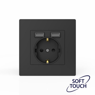 Розетка 1-м СП Pixel IP20 с заземл. с 2-мя заряд. устр. USB тип A+A механизм карбон TOKOV ELECTRIC TKE-PX-R1U2A-C14