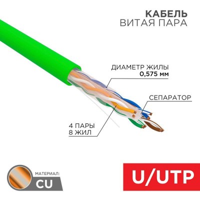 Кабель витая пара U/UTP кат.6 4х2х0.575 23 AWG нг(А)-LSLTx INDOOR SOLID зел. (305м) Rexant 01-0071 Кабель витая пара U/UTP кат.6 4х2х0.575 23 AWG нг(А)-LSLTx INDOOR SOLID зел. (305м) Rexant 01-0071