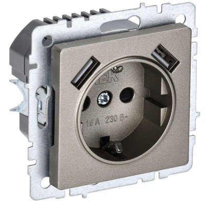 Розетка BRITE РЮш10-2-БрШ 16А с USB A+A 3.1А с заземл. защ. шторки механизм шампань IEK BR-R14-16-U21-D31-K37 Розетка BRITE РЮш10-2-БрШ 16А с USB A+A 3.1А с заземл. защ. шторки механизм шампань IEK BR-R14-16-U21-D31-K37