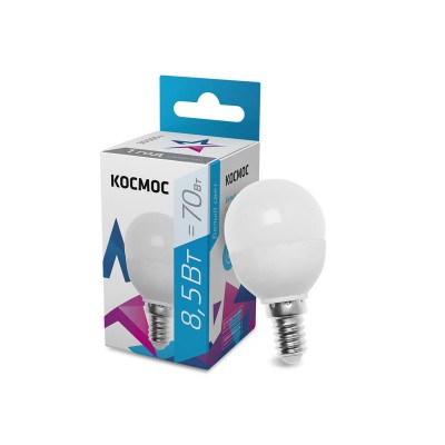 Лампа светодиодная 8.5Вт шар 4500К бел. E14 220В КОСМОС LkecLED8.5wGL45E1445 Лампа светодиодная 8.5Вт шар 4500К бел. E14 220В КОСМОС LkecLED8.5wGL45E1445