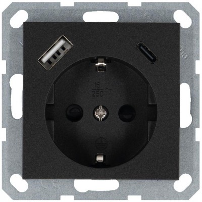 Розетка Shuko 16А с заземл. защ. шторки с 2-мя заряд. устройствами USB тип A+C 25Вт механизм антрацит Jasmart G5501USB-25B