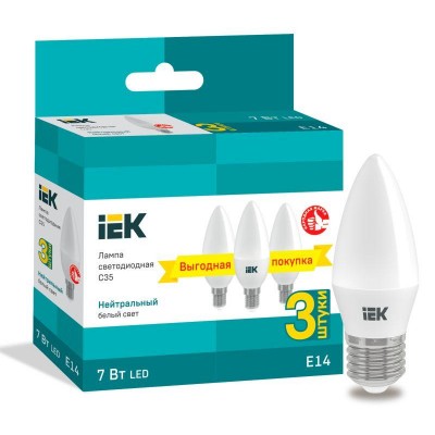Лампа светодиодная 7Вт C35 свеча 4000К нейтр. бел. E14 230В (уп.3шт) IEK LLE-C35-07-230-40-E14-3 Лампа светодиодная 7Вт C35 свеча 4000К нейтр. бел. E14 230В (уп.3шт) IEK LLE-C35-07-230-40-E14-3