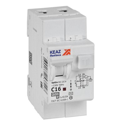 Выключатель автоматический дифференциального тока 2п с защитой от сверхтоков OptiDin D63-22C16-AC-У3 C16 30мА 4.5кА КЭАЗ 328098 Выключатель автоматический дифференциального тока 2п с защитой от сверхтоков OptiDin D63-22C16-AC-У3 C16 30мА 4.5кА КЭАЗ 328098