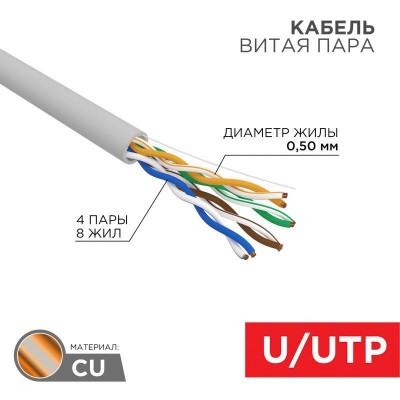 Кабель витая пара U/UTP кат.5E 4х2х24AWG solid CU ZH нг(А)-HF сер. (305м) Rexant 01-0069 Кабель витая пара U/UTP кат.5E 4х2х24AWG solid CU ZH нг(А)-HF сер. (305м) Rexant 01-0069