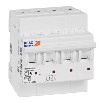 Выключатель автоматический модульный OptiDin BM63-4C16-4.5-УХЛ3 КЭАЗ 326821 Выключатель автоматический модульный OptiDin BM63-4C16-4.5-УХЛ3 КЭАЗ 326821