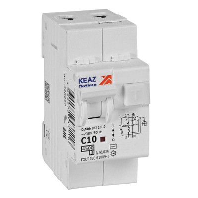 Выключатель автоматический дифференциального тока 2п с защитой от сверхтоков OptiDin D63-22C10-AC-У3 C10 30мА 4.5кА КЭАЗ 328097 Выключатель автоматический дифференциального тока 2п с защитой от сверхтоков OptiDin D63-22C10-AC-У3 C10 30мА 4.5кА КЭАЗ 328097