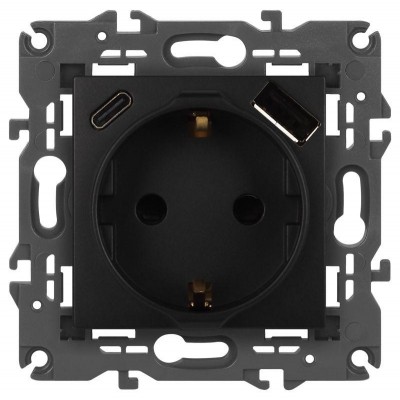 Розетка Elegance 14-4108-05 16A 250В 2P+E защ. шторки с USB type-A+C 3А 5В антрацит Эра Б0067724