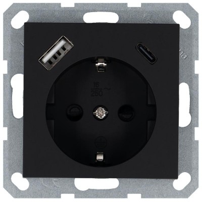 Розетка Shuko 16А с заземл. защ. шторки с 2-мя заряд. устройствами USB тип A+C 25Вт механизм черн. матов. soft touch Jasmart G5501USB-25PB