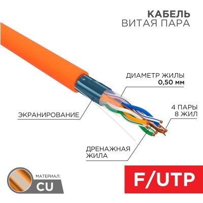 Кабель витая пара F/UTP кат.5e 4х2х24AWG solid ZH нг(А)-HF INDOOR оранж. (м) Rexant 01-0150 Кабель витая пара F/UTP кат.5e 4х2х24AWG solid ZH нг(А)-HF INDOOR оранж. (м) Rexant 01-0150