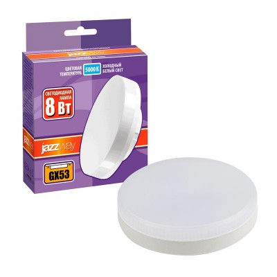 Лампа светодиодная PLED-GX53 8Вт таблетка матовая 5000К холод. бел. GX53 640лм 230В JazzWay 2855404 Лампа светодиодная PLED-GX53 8Вт таблетка матовая 5000К холод. бел. GX53 640лм 230В JazzWay 2855404