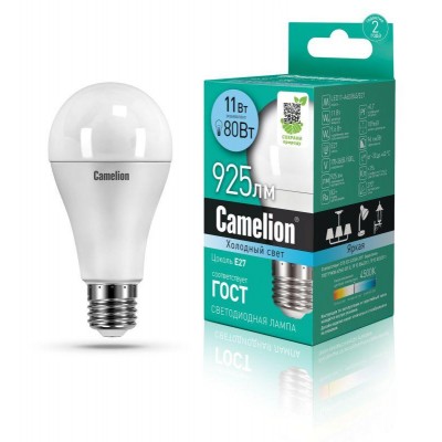 Лампа светодиодная LED11-A60/845/E27 11Вт грушевидная матовая 4500К бел. E27 925лм 170-265В Camelion 12036