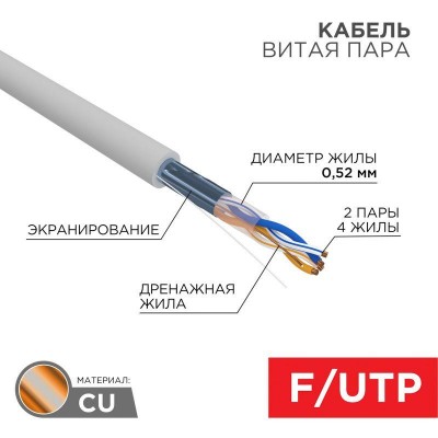 Кабель витая пара F/UTP кат.5e 2х2х0.52 24AWG solid ZH нг(А)-HF INDOOR сер. (305м) PRO Rexant 02-0022 Кабель витая пара F/UTP кат.5e 2х2х0.52 24AWG solid ZH нг(А)-HF INDOOR сер. (305м) PRO Rexant 02-0022