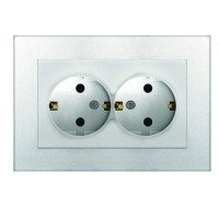 Розетка 2-м СП Афина 16А IP20 с заземл. в сборе серебр. Universal A0128-S Розетка 2-м СП Афина 16А IP20 с заземл. в сборе серебр. Universal A0128-S