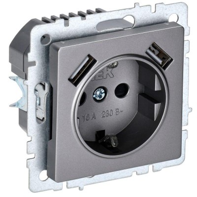 Розетка BRITE РЮш10-1-БрС 16А с USB A+A 2.1А с заземл. защ. шторки механизм сталь IEK BR-R14-16-U21-D21-K46 Розетка BRITE РЮш10-1-БрС 16А с USB A+A 2.1А с заземл. защ. шторки механизм сталь IEK BR-R14-16-U21-D21-K46