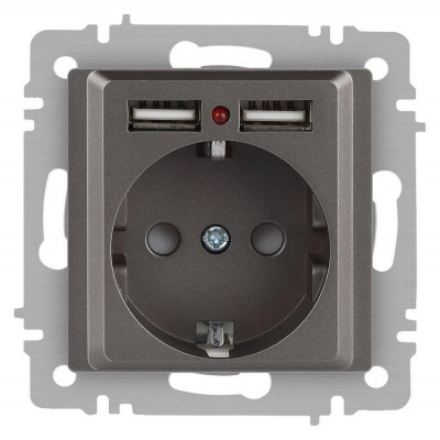 Розетка 1-м СП Accent 6-410-09 16А IP20 250В P+E Schuko + 2хUSB защ. шторки титан Intro Б0063711