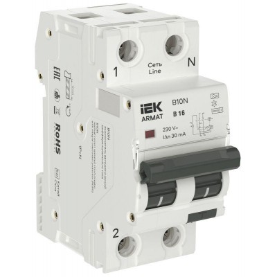Выключатель автоматический дифференциального тока 2п (1P+NP) B 16 30мА тип A АВДТ B10N 36мм ARMAT IEK AR-B10N-1N-B016A030 Выключатель автоматический дифференциального тока 2п (1P+NP) B 16 30мА тип A АВДТ B10N 36мм ARMAT IEK AR-B10N-1N-B016A030