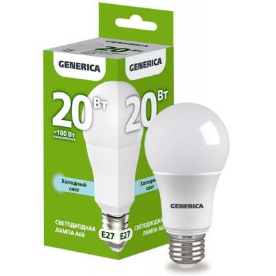 Лампа светодиодная A60 20Вт грушевидная 6500К E27 230В GENERICA LL-A60-20-230-65-E27-G