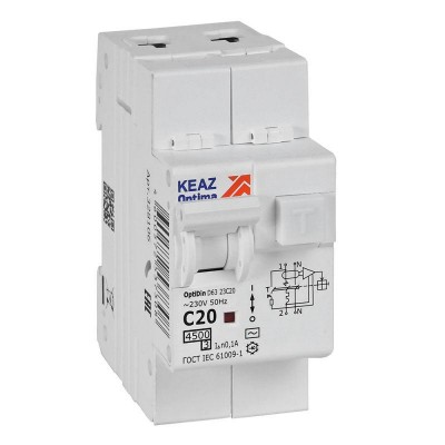 Выключатель автоматический дифференциального тока 2п с защитой от сверхтоков OptiDin D63-23C20-AC-У3 C20 100мА 4.5кА КЭАЗ 328106 Выключатель автоматический дифференциального тока 2п с защитой от сверхтоков OptiDin D63-23C20-AC-У3 C20 100мА 4.5кА КЭАЗ 328106