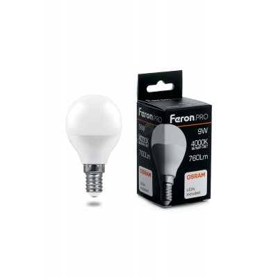 Лампа светодиодная LED 9вт Е14 белый матовый шар Feron.PRO