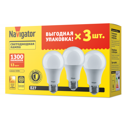 Лампа светодиодная 95 318 NLL-A60-13-230-2.7K-E27-PACK3 NAVIGATOR 95318