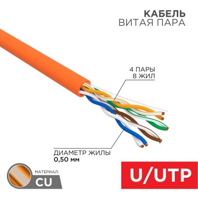 Кабель витая пара U/UTP кат.5E 4х2х24AWG нг(А)-HF медь оранж. 305м (м) Rexant 01-0049 Кабель витая пара U/UTP кат.5E 4х2х24AWG нг(А)-HF медь оранж. 305м (м) Rexant 01-0049