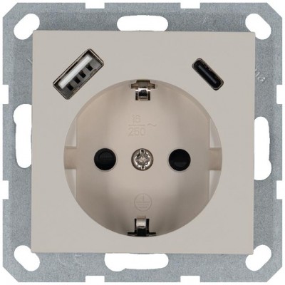 Розетка Shuko 16А с заземл. защ. шторки с 2-мя заряд. устройствами USB тип A+C 25Вт механизм тауп Jasmart G5501USB-25T