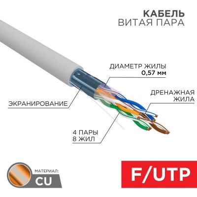 Кабель витая пара F/UTP кат.6 4х2х0.57 23AWG solid ZH нг(А)-HF INDOOR CU сер. (305м) Rexant 01-0167 Кабель витая пара F/UTP кат.6 4х2х0.57 23AWG solid ZH нг(А)-HF INDOOR CU сер. (305м) Rexant 01-0167
