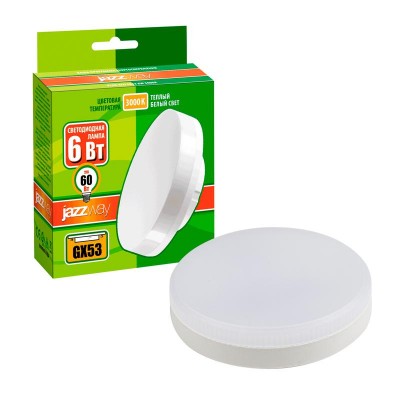 Лампа светодиодная PLED-ECO 6Вт таблетка матовая 3000К тепл. бел. GX53 460лм 230В JazzWay 2851987 Лампа светодиодная PLED-ECO 6Вт таблетка матовая 3000К тепл. бел. GX53 460лм 230В JazzWay 2851987