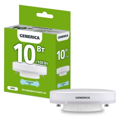 Лампа светодиодная 10Вт T80 таблетка 6500К холод. бел. GX53 1000лм 230В GENERICA LL-T80-10-230-65-GX53-G Лампа светодиодная 10Вт T80 таблетка 6500К холод. бел. GX53 1000лм 230В GENERICA LL-T80-10-230-65-GX53-G