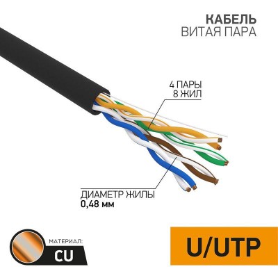 Кабель витая пара U/UTP кат.5E 4х2х24AWG медь OUTDOOR черн. (305м) PROCONNECT 01-0054 Кабель витая пара U/UTP кат.5E 4х2х24AWG медь OUTDOOR черн. (305м) PROCONNECT 01-0054
