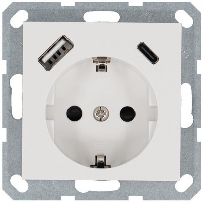 Розетка Shuko 16А с заземл. защ. шторки с 2-мя заряд. устройствами USB тип A+C 25Вт механизм бел. глянцевый Jasmart G5501USB-25W